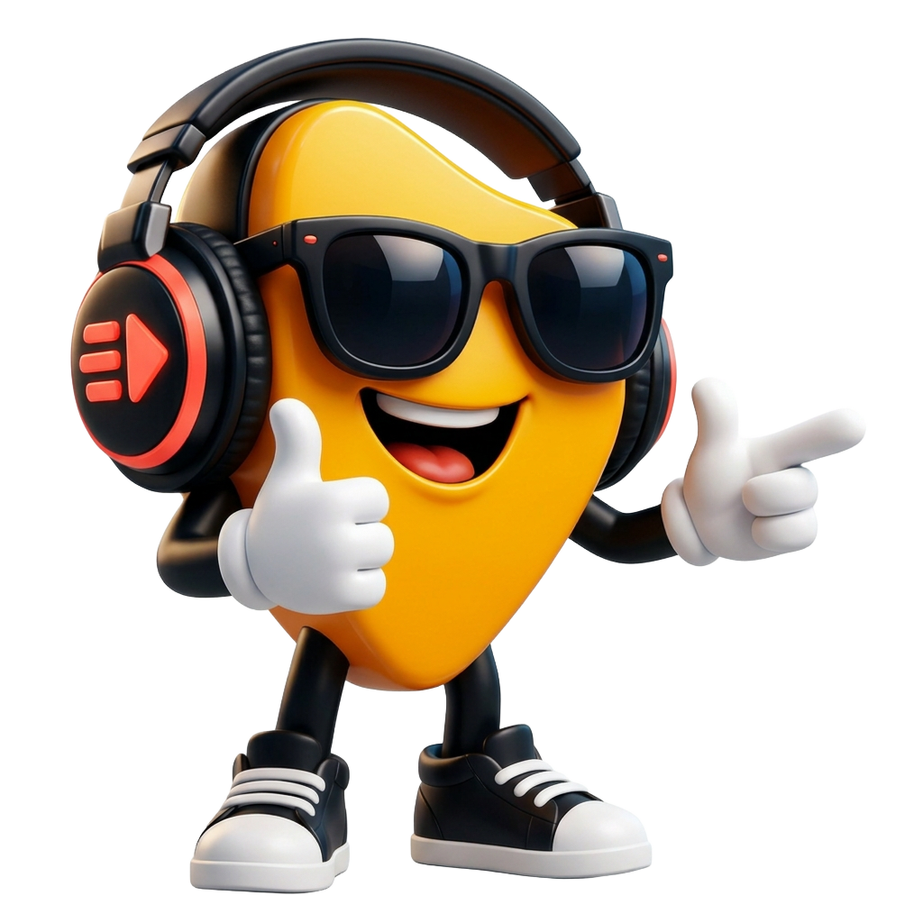 Cuey, Q:SND:s amberfärgade guide med DJ-hörlurar, solglasögon och sneakers