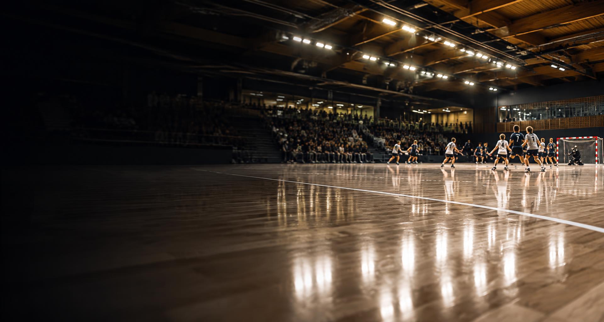 En handbollsmatch med publik i en upplyst idrottshall